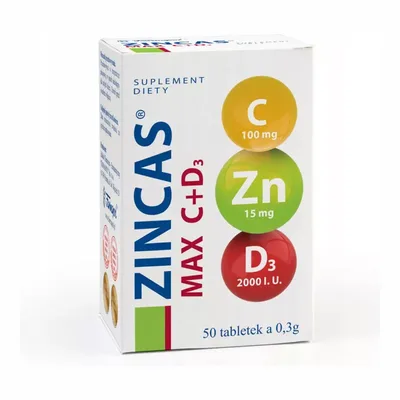 Zincas Max C + D3 Cynk Z Witaminą C. i D3 2000 j.m. 50 Tabletek