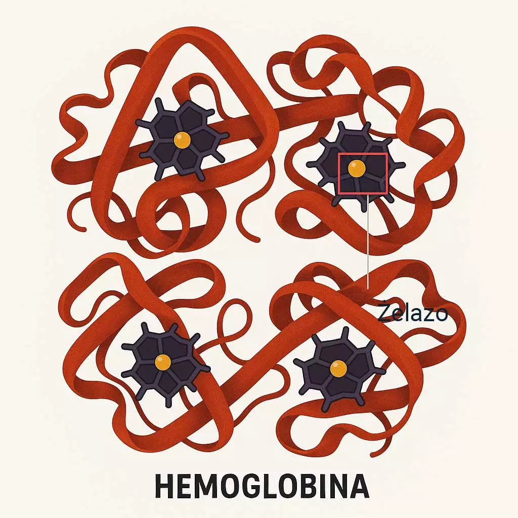 Ilustracja przedstawiająca orientacyjne położenie cząsteczek żelaza w hemoglobinie