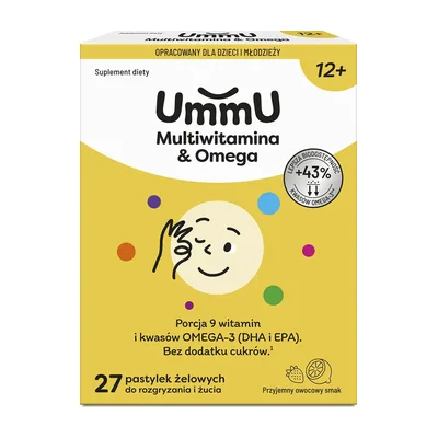 UmmU Multiwitamina&Omega 12+ Pastylki Żelowe Do Żucia Smak Owocowy 27 Sztuk