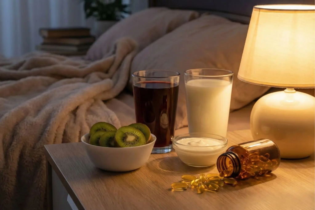 Szafka nocna w przyciemnionej sypialni, na której znajdują się produkty wspierające sen: świeże kiwi, sok z wiśni, nabiał oraz kapsułki Omega-3