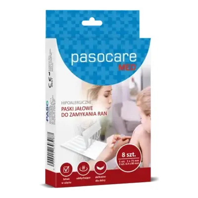 Pasocare MED - Paski jałowe do zamykania ran (8 szt.) - Zestaw 2 rozmiary - Hipoalergiczne i samoprzylepne - Miękka włóknina - Wyrób medyczny (CE0051)