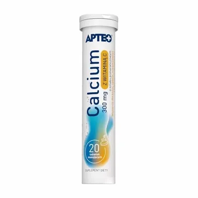 Apteo Calcium z witaminą C 300 mg – Smak pomarańczowy – 20 tabletek musujących