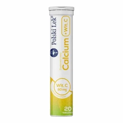 Polski Lek Calcium + Witamina C 300 mg – Musujące o smaku cytrynowym – 20 tabletek