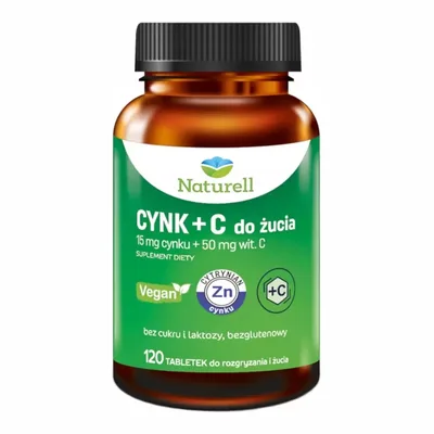 Naturell Cynk + Witamina C 15 mg + 50 mg – Wsparcie Odporności i Urody – 120 tabletek do żucia