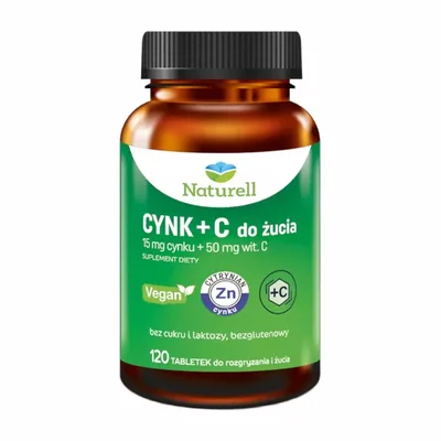 Naturell Cynk + Witamina C 15 mg + 50 mg – Wsparcie Odporności i Urody – 120 tabletek do żucia