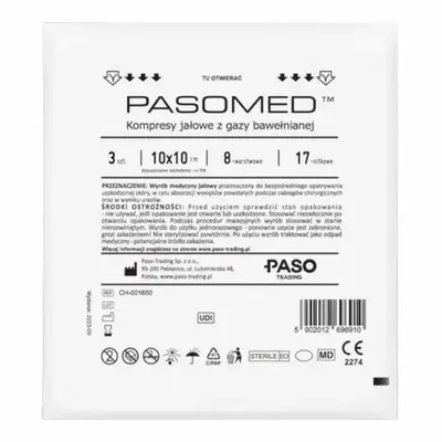 Pasomed Kompresy Jałowe 10x10 cm – 8-warstwowe, 17-nitkowe – 3 sztuki