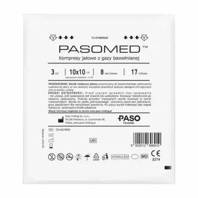 Pasomed Kompresy Jałowe 10x10 cm – 8-warstwowe, 17-nitkowe – 3 sztuki