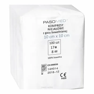 Paso Kompres Gazowy Niejałowy 10cm x 10cm – 17-nitkowy, 8-warstwowy – 100 sztuk