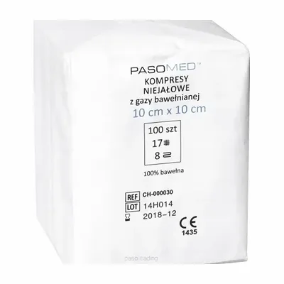 Paso Kompres Gazowy Niejałowy 10cm x 10cm – 17-nitkowy, 8-warstwowy – 100 sztuk