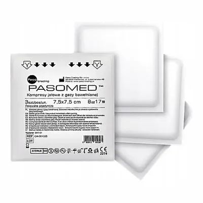 Pasomed Kompresy Jałowe z Gazy Bawełnianej 7,5 x 7,5 cm – 17-nitkowe, 8-warstwowe – 3 szt.