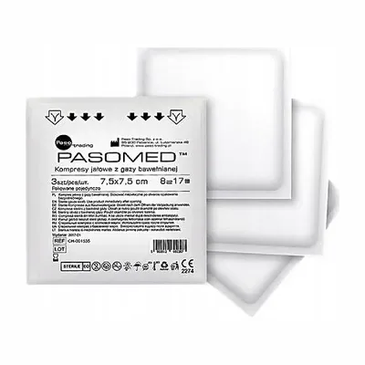 Pasomed Kompresy Jałowe z Gazy Bawełnianej 7,5 x 7,5 cm – 17-nitkowe, 8-warstwowe – 3 szt.
