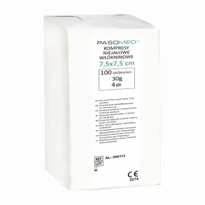 Pasomed Kompres Włókninowy Niejałowy 30g/m2 4W – 7,5 x 7,5 cm – 100 sztuk