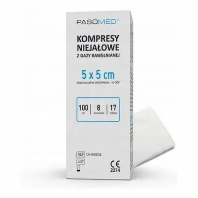 Pasomed Kompresy Niejałowe 5x5 cm (17N, 8W) – Z Gazy Bawełnianej – 100 szt.