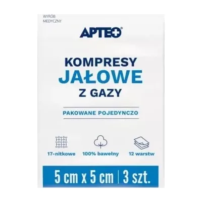 Apteo Care Kompresy Jałowe z Gazy 5x5cm – 17-nitkowe, 12-warstwowe – 3 szt.