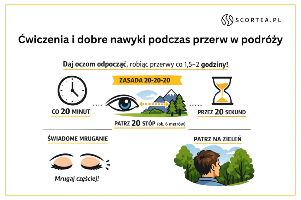 Infografika przedstawiająca ćwiczenia i dobre nawyki dla oczu podczas przerw w podróży, w tym zasadę 20-20-20, świadome mruganie oraz patrzenie na zieleń w celu rozluźnienia wzroku.