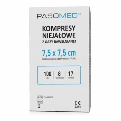 Pasomed Kompres Niejałowy 7,5x7,5 cm – 17-nitkowy 8-warstwowy – 100 szt.