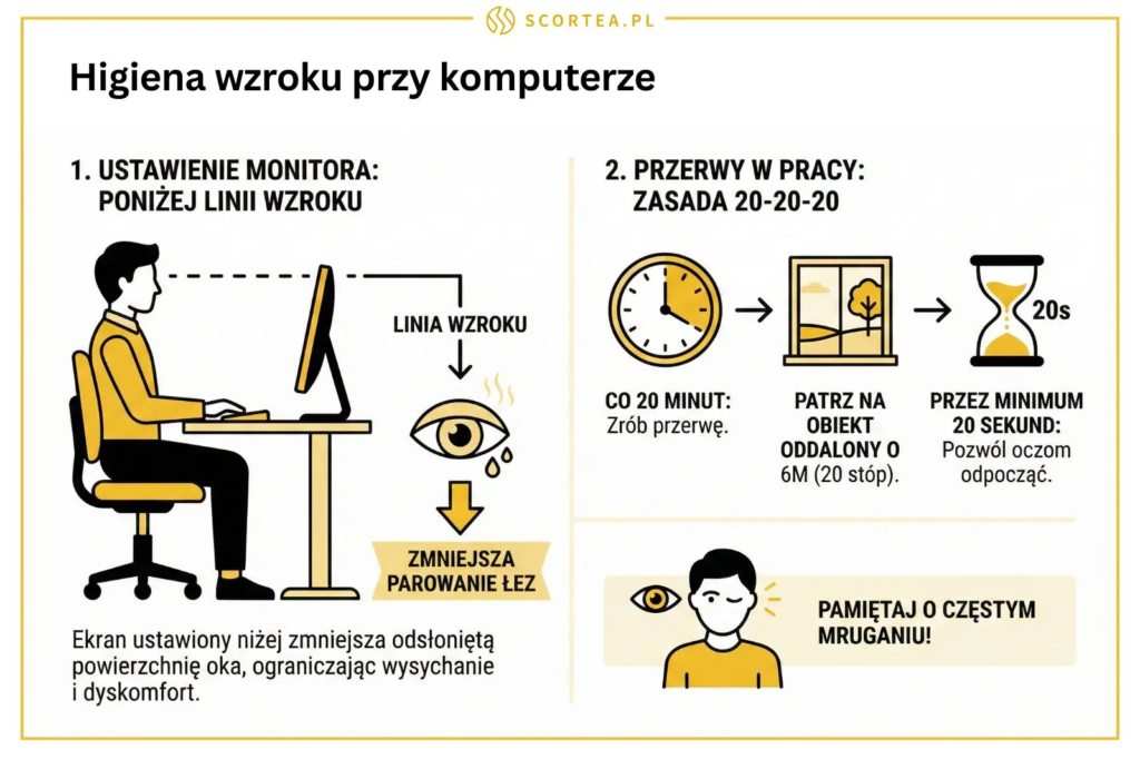 Infografika w kolorystyce żółto-czarnej przedstawiająca zasady higieny wzroku: ustawienie monitora poniżej linii wzroku w celu ograniczenia parowania łez oraz zasadę przerw 20-20-20 (patrzenie w dal co 20 minut).