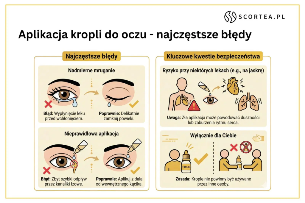 Infografika pokazująca najczęstsze błędy przy aplikacji kropli do oczu oraz kluczowe kwestie bezpieczeństwa. Porównuje błędne mruganie i aplikację w kącik oka z poprawnymi technikami. Ostrzega o ryzyku skutków ubocznych (duszności, zaburzenia serca) i przypomina o osobistym użytku kropli.