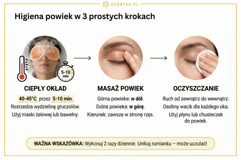 : Infografika SCORTEA.PL zatytułowana "Higiena powiek w 3 prostych krokach", przedstawiająca kolejno: ciepły okład, masaż powiek i oczyszczanie, wraz z instrukcjami i ważną wskazówką dotyczącą częstotliwości i unikania rumianku.