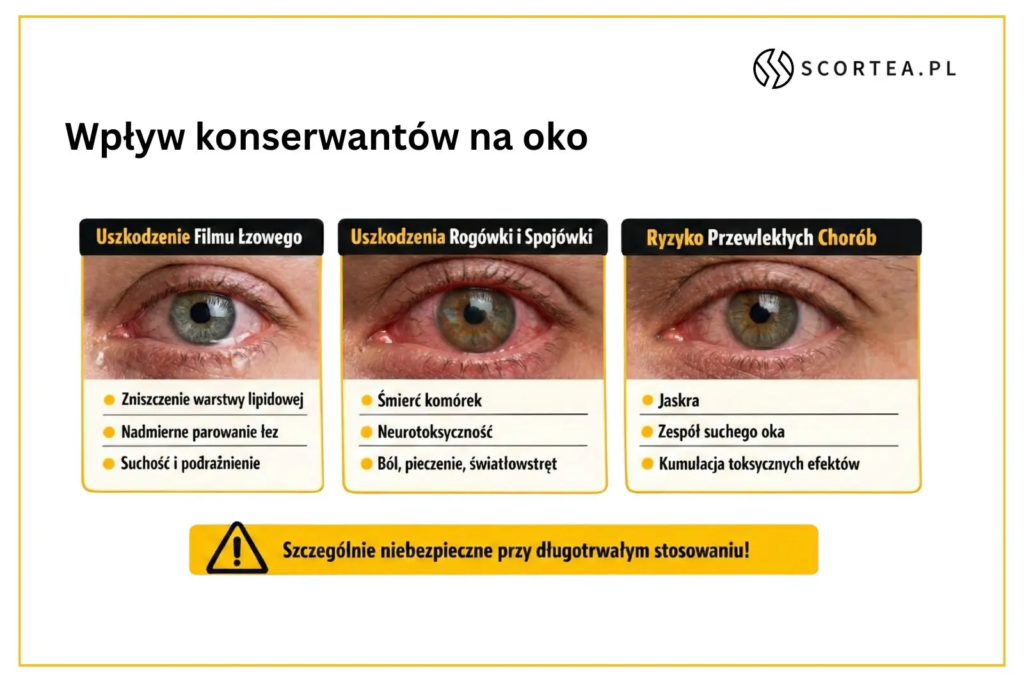 Infografika medyczna w języku polskim zatytułowana "WPŁYW KONSERWANTÓW NA OKO". Obraz jest podzielony na trzy pionowe sekcje, z których każda zawiera zdjęcie zaczerwienionego, podrażnionego oka oraz listę punktowaną opisującą negatywne skutki. Pierwsza sekcja od lewej, zatytułowana "Uszkodzenie Filmu Łzowego", wymienia: "Zniszczenie warstwy lipidowej", "Nadmierne parowanie łez", "Suchość i podrażnienie". Środkowa sekcja, "Uszkodzenia Rogówki i Spojówki", wymienia: "Śmierć komórek", "Neurotoksyczność", "Ból, pieczenie, światłowstręt". Prawa sekcja, "Ryzyko Przewlekłych Chorób", wymienia: "Jaskra", "Zespół suchego oka", "Kumulacja toksycznych efektów". U dołu grafiki znajduje się żółty baner z czarnym trójkątem ostrzegawczym i napisem: "Szczególnie niebezpieczne przy długotrwałym stosowaniu!