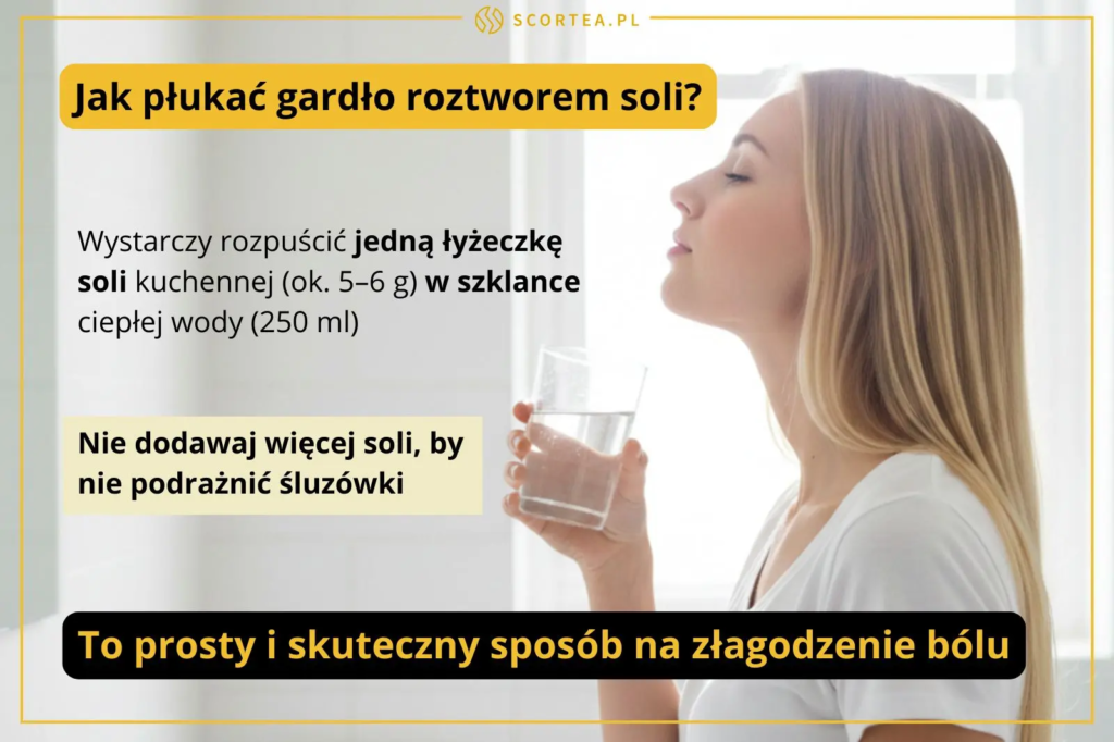 Kobieta z profilu trzyma szklankę wody. Obok instrukcja przygotowania roztworu: jedna łyżeczka soli na szklankę ciepłej wody.