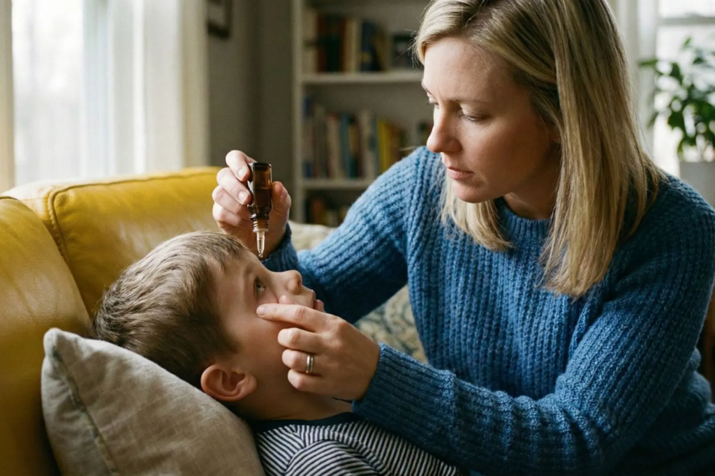 Mama zakraplajaca dziecku oczy