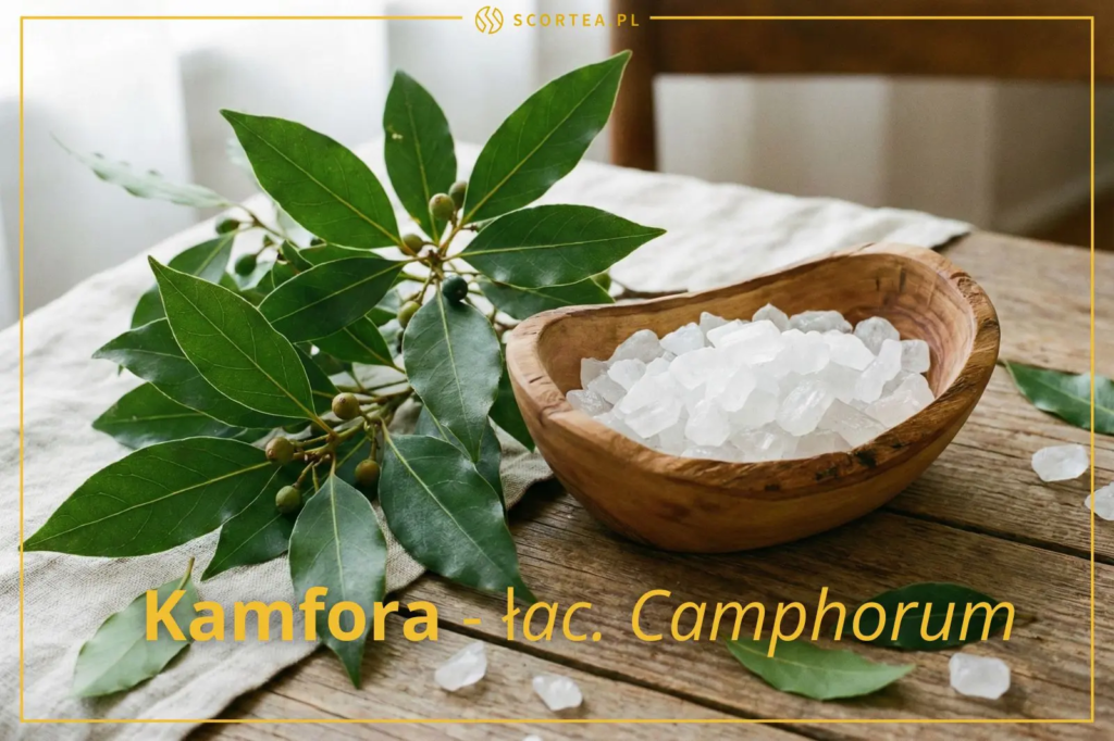 Liście kamfory oraz postać w kryształkach. Przedstawienie jak wygląda kamfora. Nazwa łacińska Camphotum