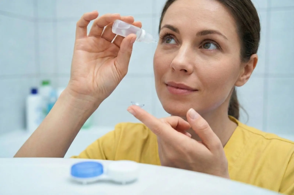 Kobieta w żółtej koszuli aplikuje krople do oczu, trzymając soczewkę kontaktową na palcu. Pojemnik na soczewki jest widoczny na pierwszym planie.