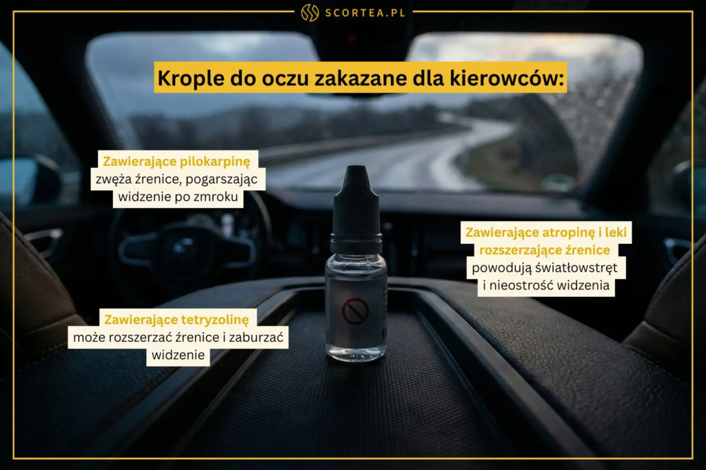 Infografika Scortea przedstawiająca wnętrze samochodu i buteleczkę kropli. Tekst wymienia substancje w kroplach do oczu zakazane dla kierowców: pilokarpinę (pogarsza widzenie po zmroku), tetryzolinę (zaburza widzenie) oraz atropinę (powoduje światłowstręt).