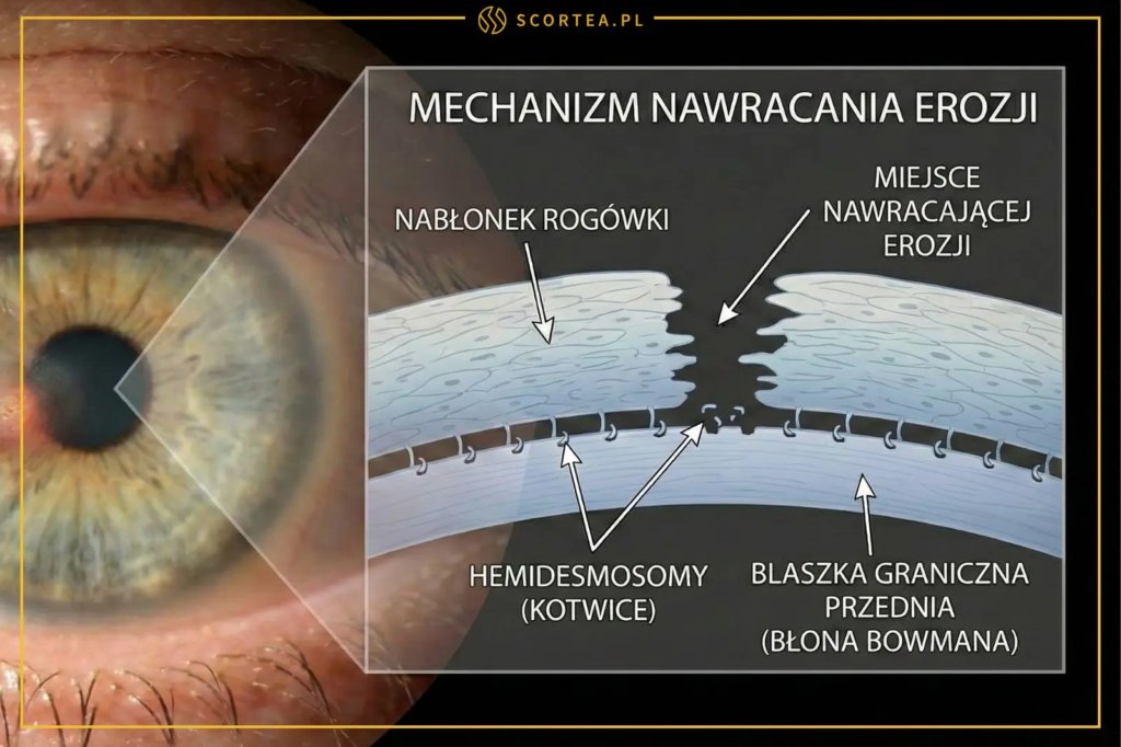 Zdjęcie ludzkiego oka z widoczną nawracającą erozją rogówki, na które nałożony jest schemat z polskimi napisami wyjaśniający "MECHANIZM NAWRACANIA EROZJI". Diagram pokazuje przekrój przez "NABŁONEK ROGÓWKI" i "BLASZKĘ GRANICZNĄ PRZEDNIĄ (BŁONĘ BOWMANA)". Strzałki wskazują "MIEJSCE NAWRACAJĄCEJ EROZJI" oraz uszkodzone "HEMIDESMOSOMY (KOTWICE)", które normalnie mocują nabłonek."