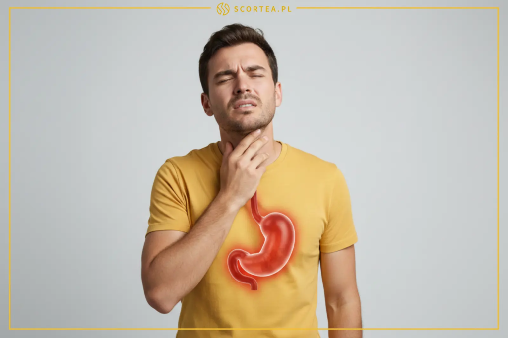 Mężczyzna z grymasem bólu trzyma się za gardło. Na klatce piersiowej widoczna grafika żołądka, obrazująca objawy takie jak refluks i zgaga.