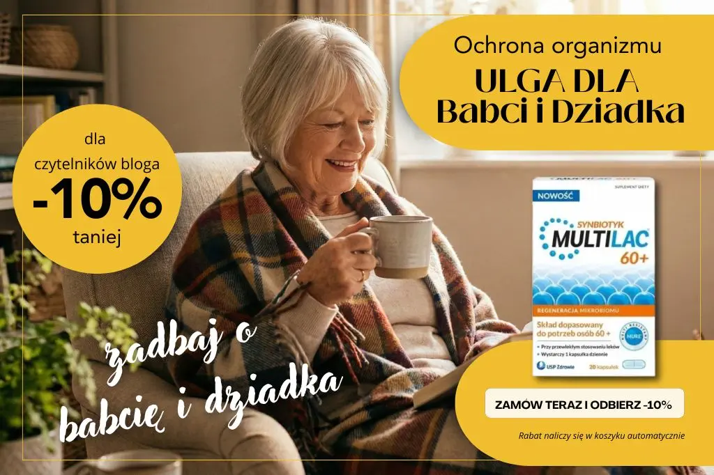 Zrelaksowana starsza osoba pijąca herbatę w fotelu. Banner promocyjny Multilac Synbiotyk 60+ osłonowo przy lekach dla seniorów – rabat 10% w sklepie Scortea.