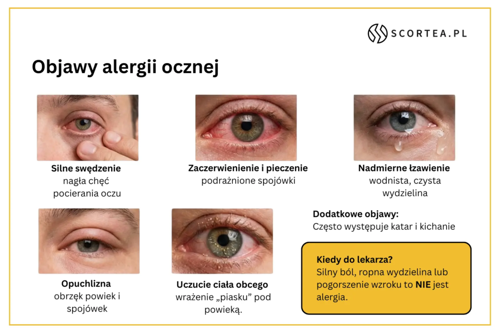 Infografika pokazująca najczęstsze objawy alergii ocznej, takie jak swędzenie, zaczerwienienie i łzawienie.