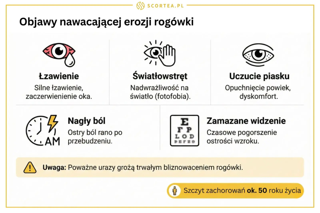 Infografika przedstawiająca 5 głównych objawów nawracającej erozji rogówki: silne łzawienie i zaczerwienienie, światłowstręt, uczucie piasku pod powiekami, nagły ostry ból rano po przebudzeniu oraz zamazane widzenie. Zawiera ostrzeżenie o ryzyku trwałych blizn oraz informację, że szczyt zachorowań przypada okołoo 50. roku życia.
