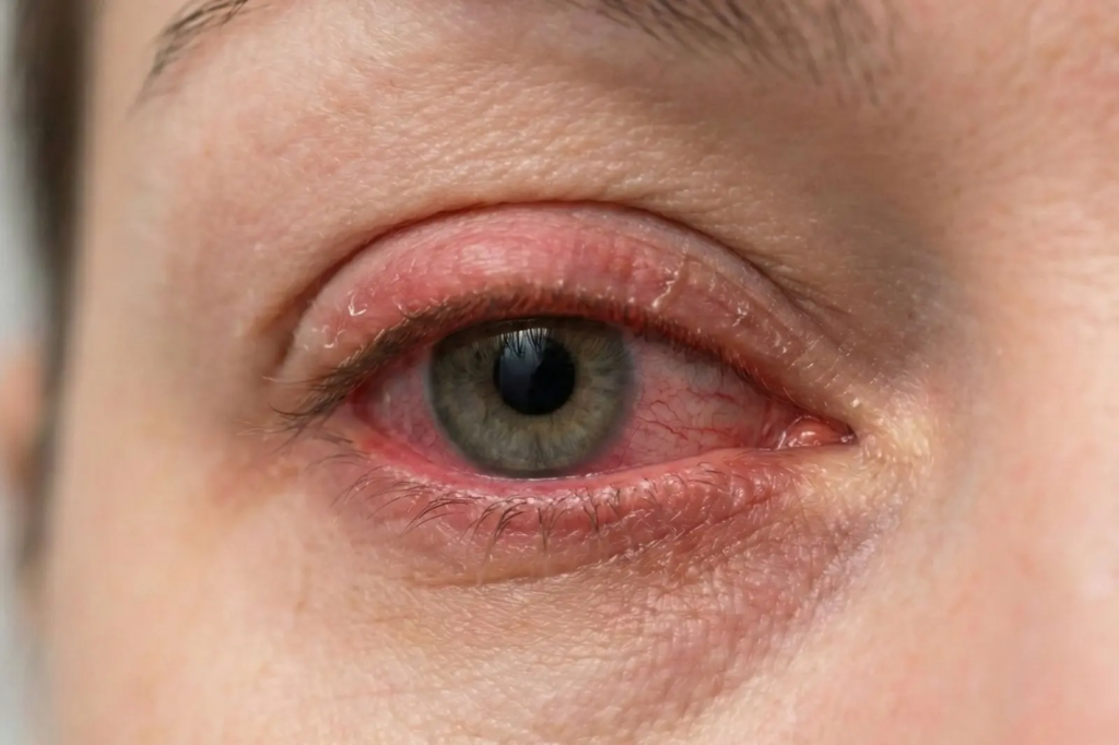 Makrofotografia oka z silnym zaczerwienieniem spojówki i obrzękiem powieki, obrazująca ostre alergiczne zapalenie spojówek