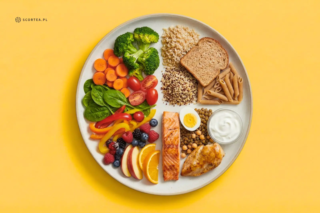 Zdjęcie talerza zdrowego żywienia na żółtym tle, podzielonego na trzy części. Połowę talerza zajmują różnorodne warzywa i owoce, takie jak brokuły, marchew, szpinak i jagody. Ćwiartkę stanowią produkty pełnoziarniste: brązowy ryż, komosa ryżowa, chleb razowy i makaron. Ostatnią ćwiartkę wypełniają źródła białka: pieczony łosoś, jajko, soczewica, pierś z kurczaka i jogurt grecki.