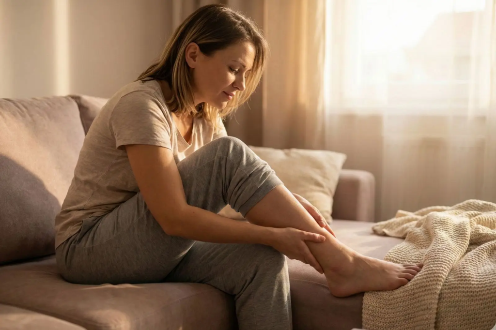 Kobieta siedząca na kanapie i masująca zmęczoną, opuchniętą łydkę, odczuwająca efekt ciężkich nóg.
