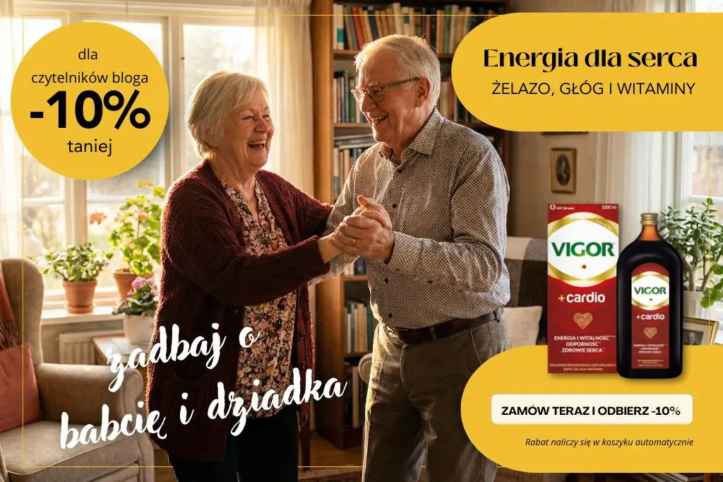 Tańcząca, radosna starsza para w domu. Baner Vigor Cardio Tonik z żelazem na krew i energię – promocja na Dzień Babci i Dziadka.
