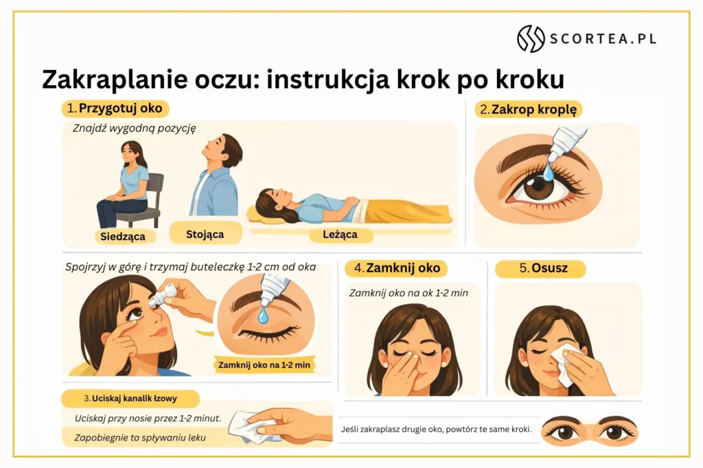 Infografika marki Scortea pt. 'Zakraplanie oczu: instrukcja krok po kroku'. Grafika przedstawia 5 etapów prawidłowej aplikacji leku: 1. Przygotowanie oka i wybór pozycji (siedząca, stojąca, leżąca); 2. Zakropienie kropli do worka spojówkowego; 3. Uciskanie kanalika łzowego przy nosie; 4. Zamknięcie oka na 1-2 minuty; 5. Osuszenie nadmiaru płynu chusteczką.