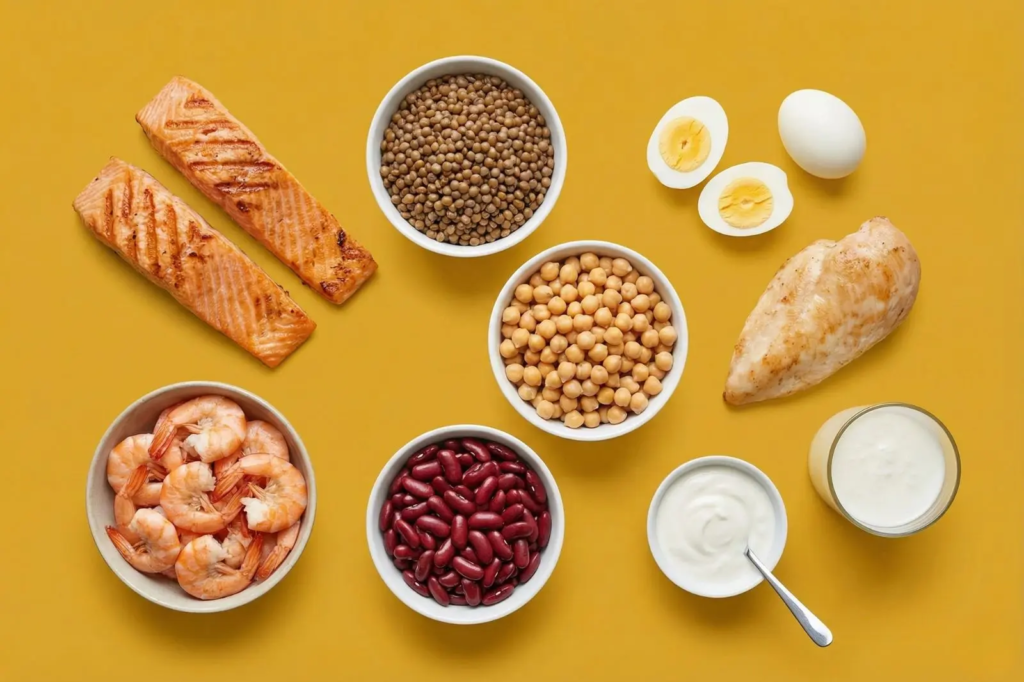 Różnorodne źródła białka na żółtym tle, w tym ryby, drób, jajka, rośliny strączkowe oraz nabiał.