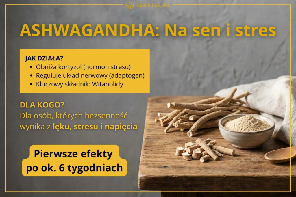 Infografika o Ashwagandzie na sen i stres. Przedstawia korzenie i proszek na drewnianym blacie oraz informacje o obniżaniu kortyzolu i witanolidach.