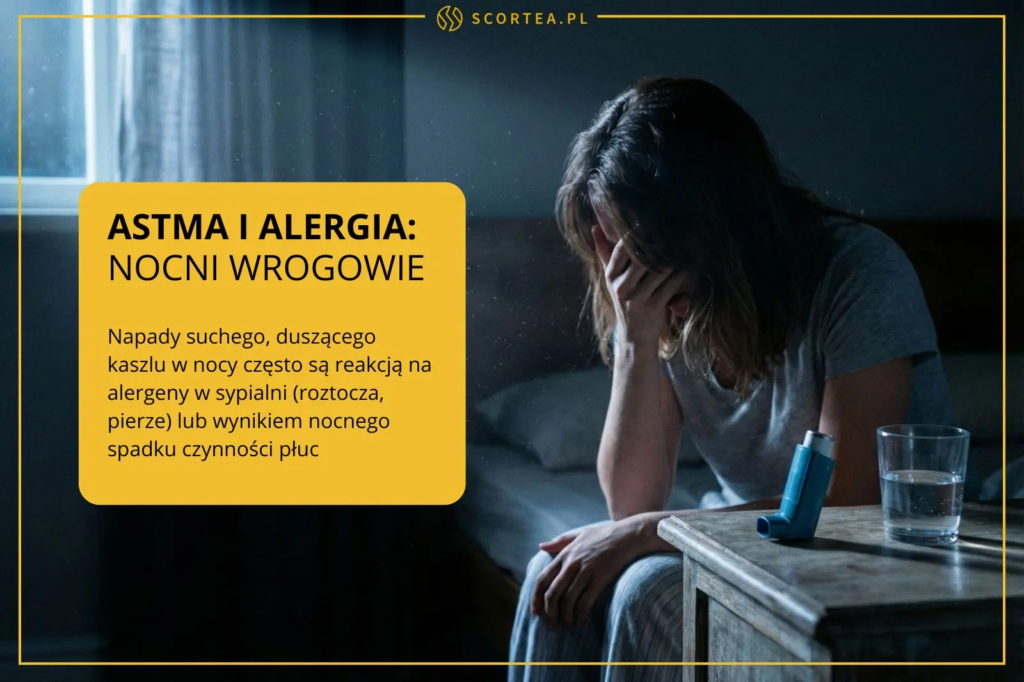 Infografika o astmie i alergii jako przyczynach nocnego kaszlu. Kobieta siedzi na łóżku z twarzą w dłoniach, obok leży inhalator i stoi szklanka wody.