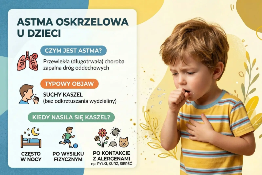 Infografika o astmie u dzieci. Definiuje ją jako chorobę zapalną, wskazuje suchy kaszel jako objaw oraz sytuacje nasilenia: noc, wysiłek, alergeny.