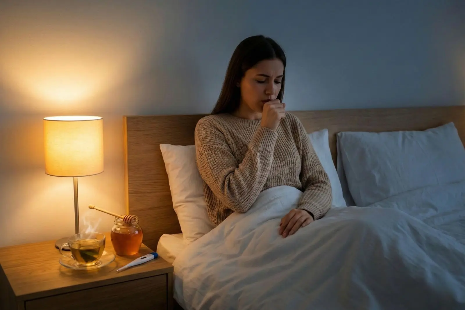 Kobieta siedząca w łóżku kaszle w dłoń. Na szafce nocnej parująca herbata, słoik miodu i termometr. Wieczorne, przytulne oświetlenie.