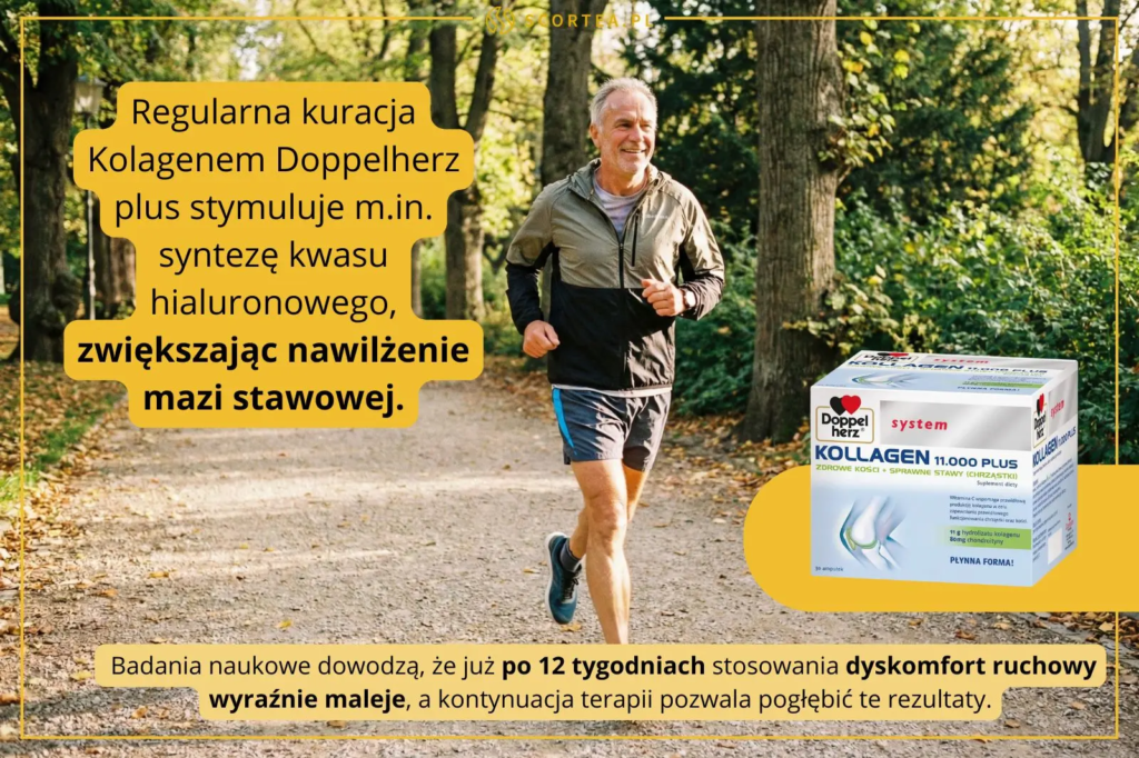 Mężczyzna biegający w parku obok opakowania suplementu Doppelherz Kollagen 11.000 Plus. Napis informuje o syntezie kwasu hialuronowego i regeneracji stawów.