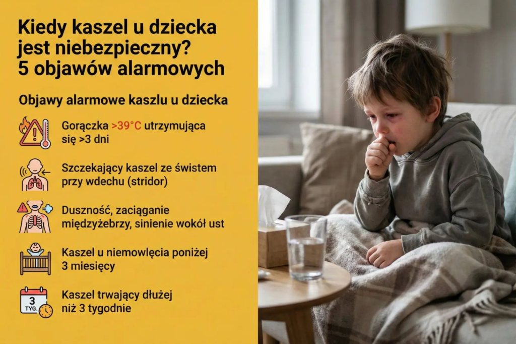 Infografika o niebezpiecznym kaszlu u dziecka. Zawiera 5 objawów alarmowych: gorączka powyżej 39 stopni, szczekający kaszel, duszność, wiek poniżej 3 miesięcy i kaszel powyżej 3 tygodni.