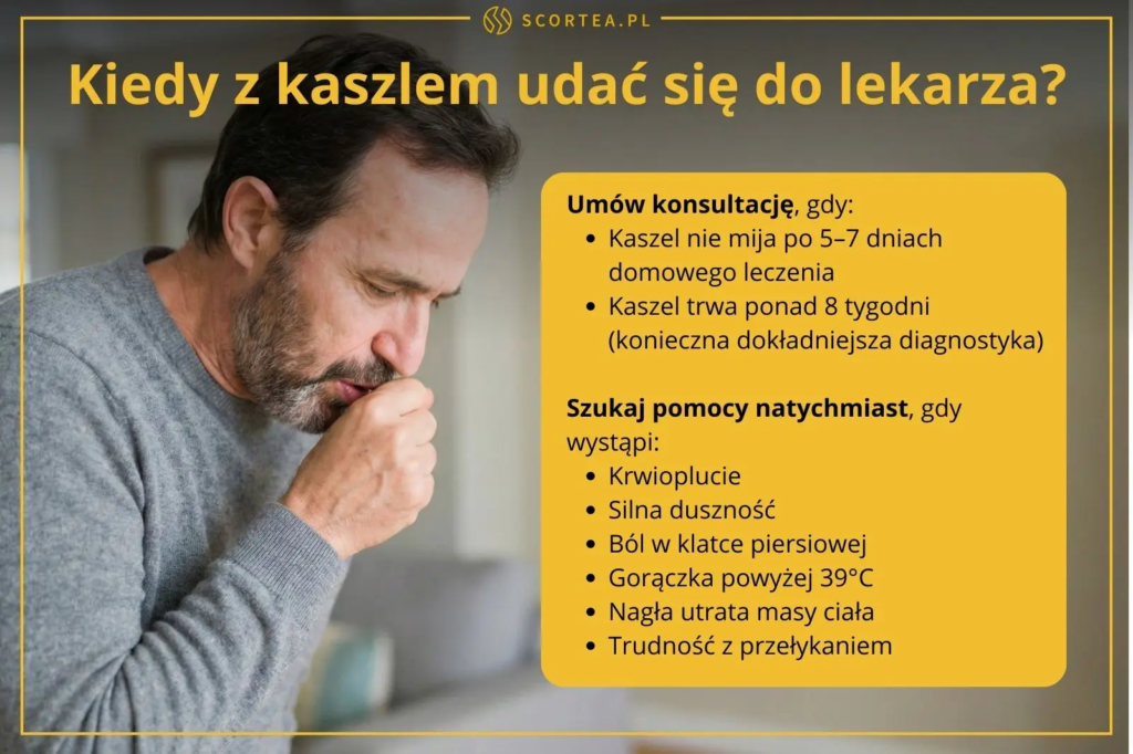 Infografika: Kiedy z kaszlem udać się do lekarza. Wymienione objawy alarmowe to m.in. duszność, krwioplucie, ból w klatce i wysoka gorączka.