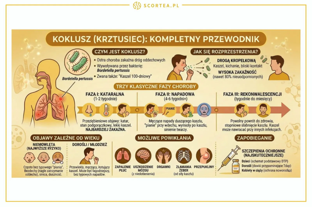 Infografika o krztuścu opisująca fazy choroby (kataralna, napadowa, rekonwalescencji), objawy zależne od wieku, powikłania oraz metody zapobiegania.