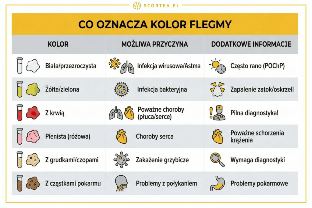 Tabela przedstawiająca kolory flegmy (biała, żółta, z krwią, różowa) wraz z możliwymi przyczynami, takimi jak infekcje, astma czy choroby serca.