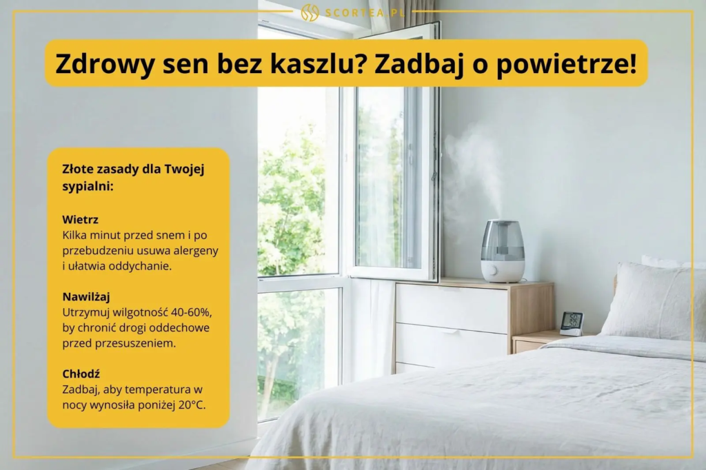 Jasna sypialnia z otwartym oknem i działającym nawilżaczem powietrza. Infografika zawiera złote zasady: wietrz, nawilżaj i chłodź dla lepszego snu.
